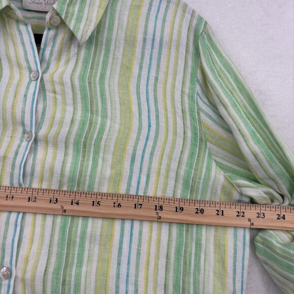 Studio Works Linen Blouse Womens Size L Green Stripe Button Up Roll Tab Sleeves - Picture 9 of 11